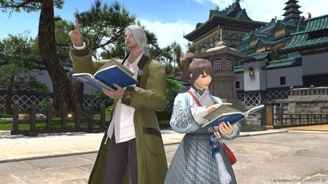 Two characters are shown reading books in the middle of a town.