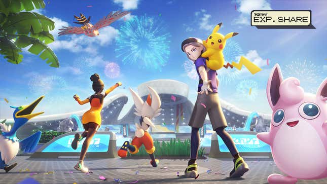 Two trainers are seen walking toward a stadium with Pikachu, Wigglytuff, Cinderace, Talonflame, and Cramorant.