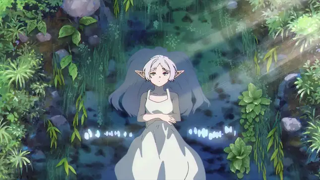 An anime still shows an elf girl wading in a stream like the painting of Ophelia by John Everett Millais.