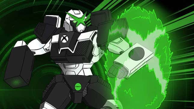 A transformer with Xbox logos puts up a green shield. 