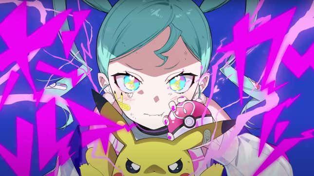 Hatsune Miku holds a frowning Pikachu.