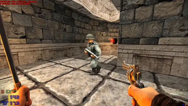 A Venturous screenshot shows a player with a revolver aimed at a Nazi in the Doom mod. 