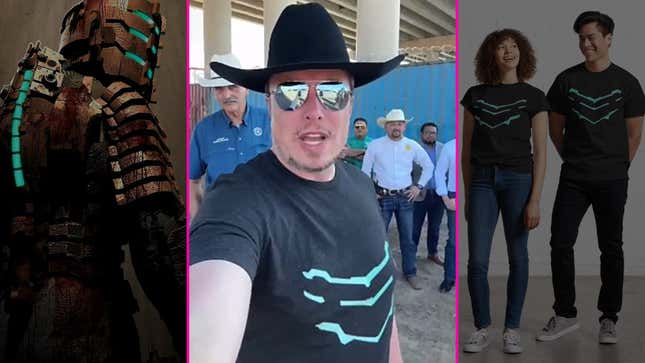 Elon Musk livestreams himself at the Texas-Mexican border while wearing a Dead Space t-shirt and cowboy hat.