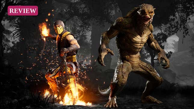 A screenshot of MK1 shows Scorpion and Reptile standing together. 