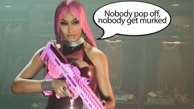 Nicki Minaj in Call of Duty, with a speech bubble featuring a lyric from her feature on "Familia."