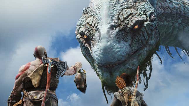 Kratos holds up a severed head in front of an enormous snake.